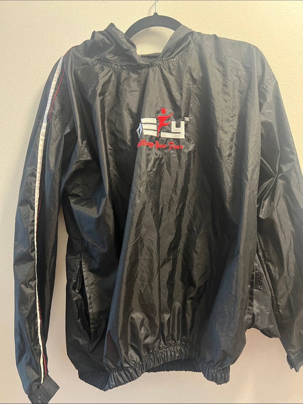 Black Nylon Hooded Windbreaker with Red Accent